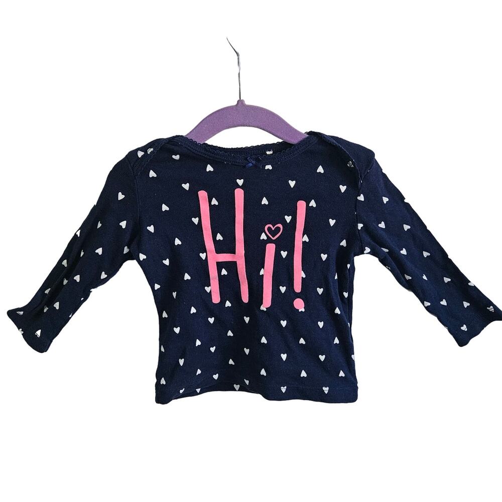 Carters Girls 9M Long Sleeve Shirt Blue White Heart Polka Dot Hi Graphic Preppy